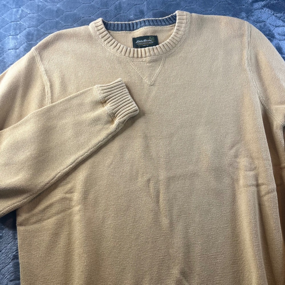 Eddie Bauer Crewneck Sweater Mens XL Tall Tan Yellow 100% Cotton Ribbed Knit